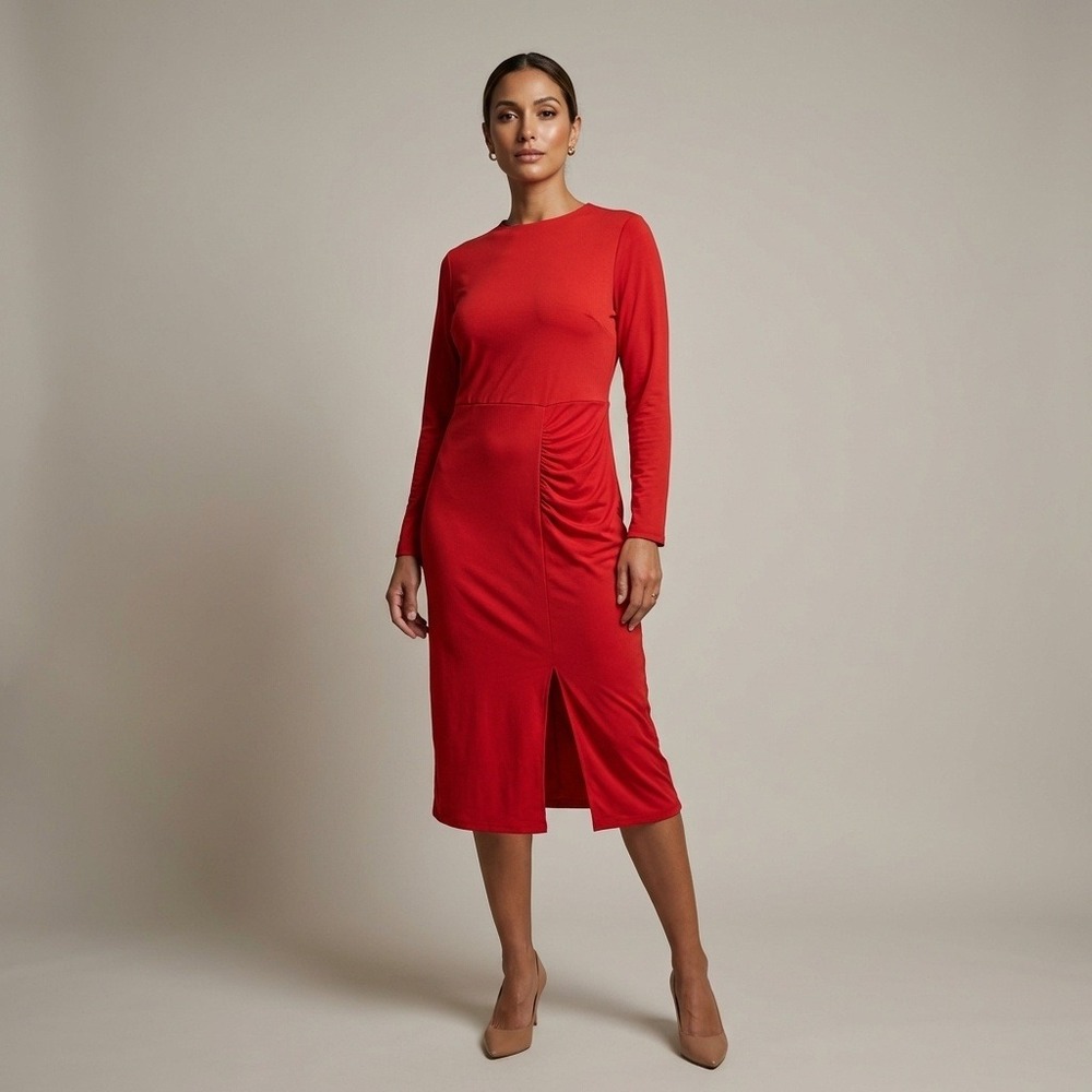 NWT Eloquii Womens Red Ruched Front Long Sleeve Midi Dress Plus Size 22 Stretch